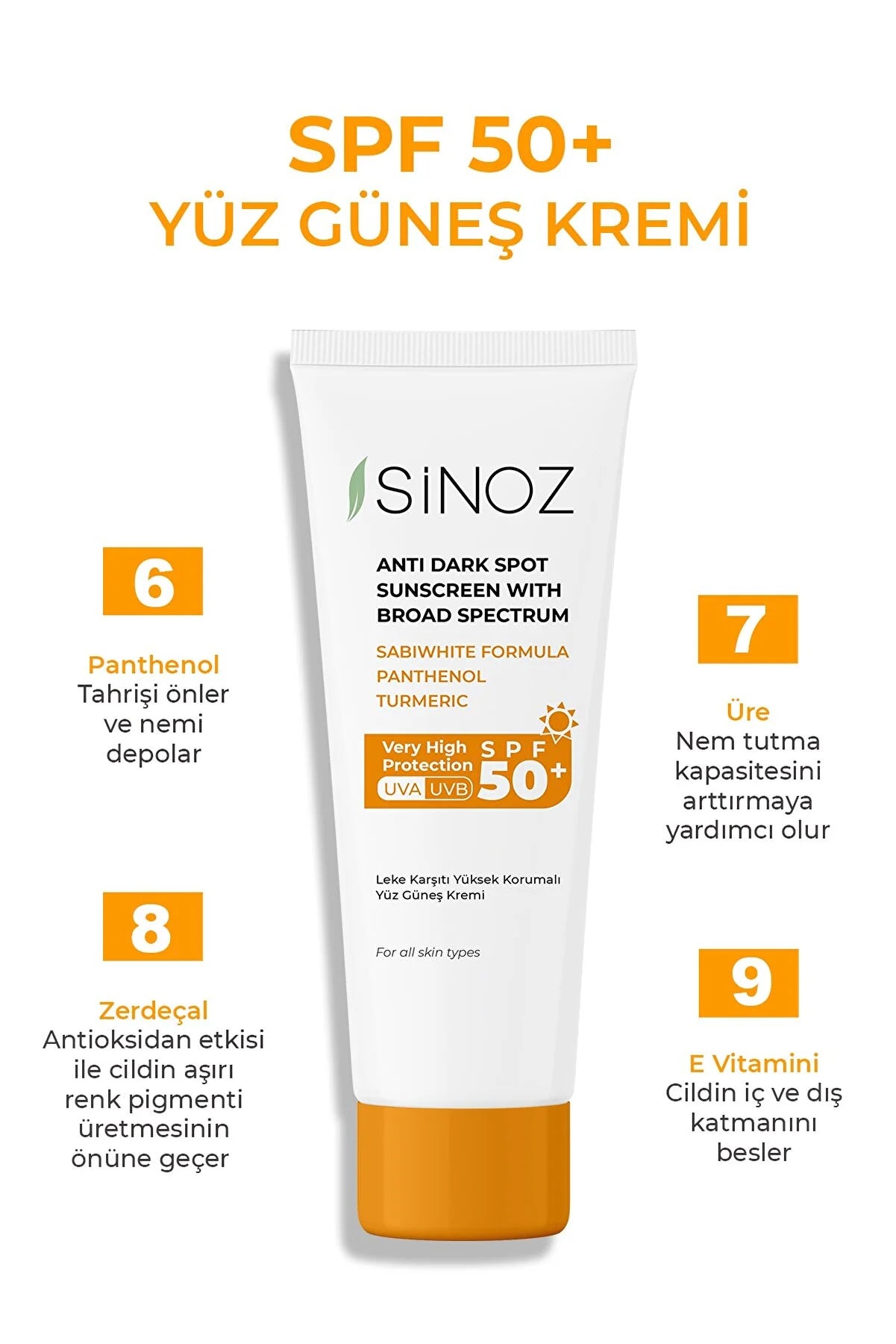 Sinoz SPF 50+ Üz Günəş Kremi - Normal və Quru Dərilər üçün Gündəlik İstifadə 50 ml